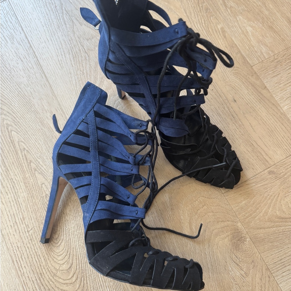 Zara Elegant Blue and Black Strappy Heels